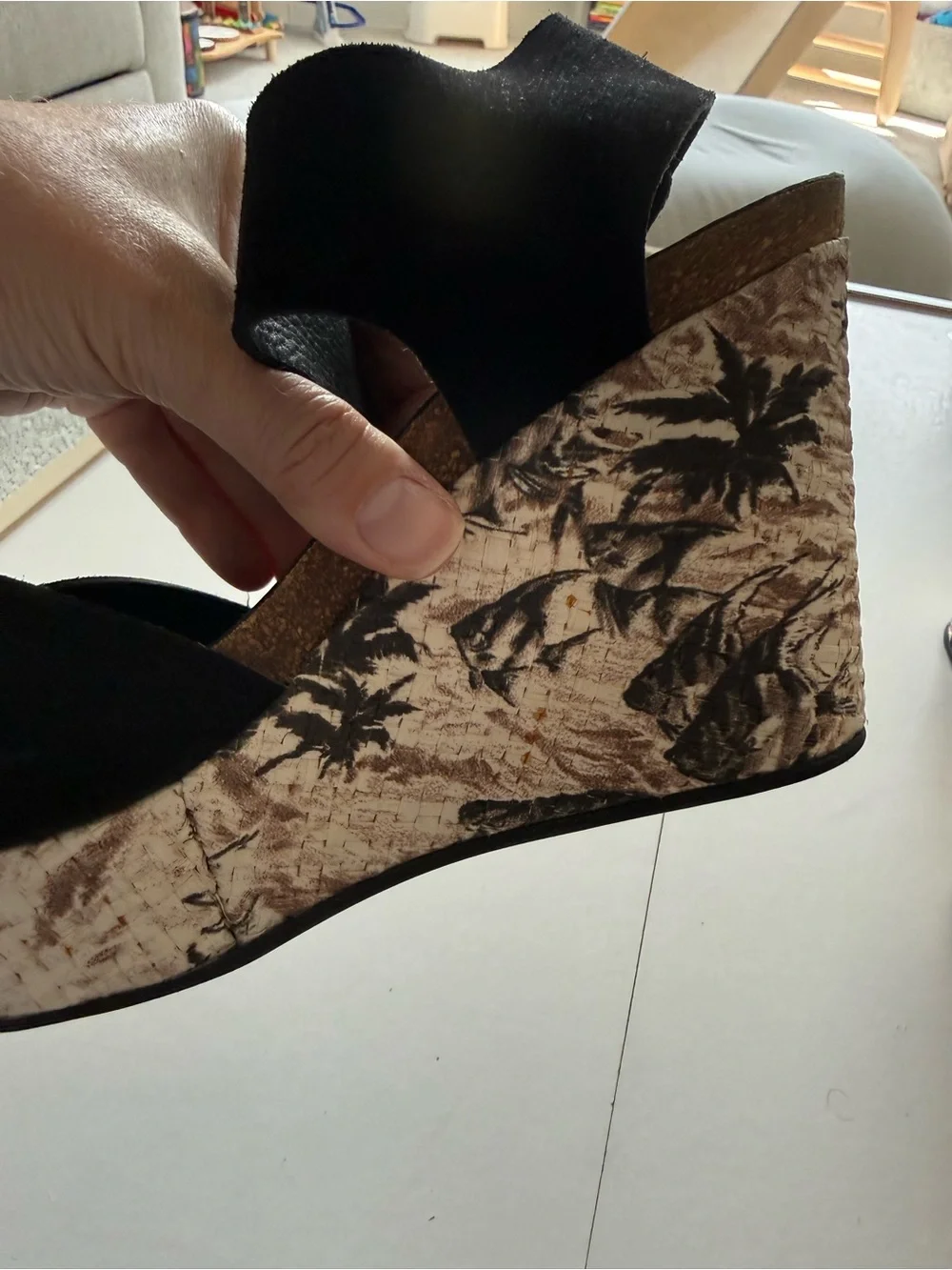 Pedro Garcia Black Suede Wedge Sandals with Patterned Cork Platform